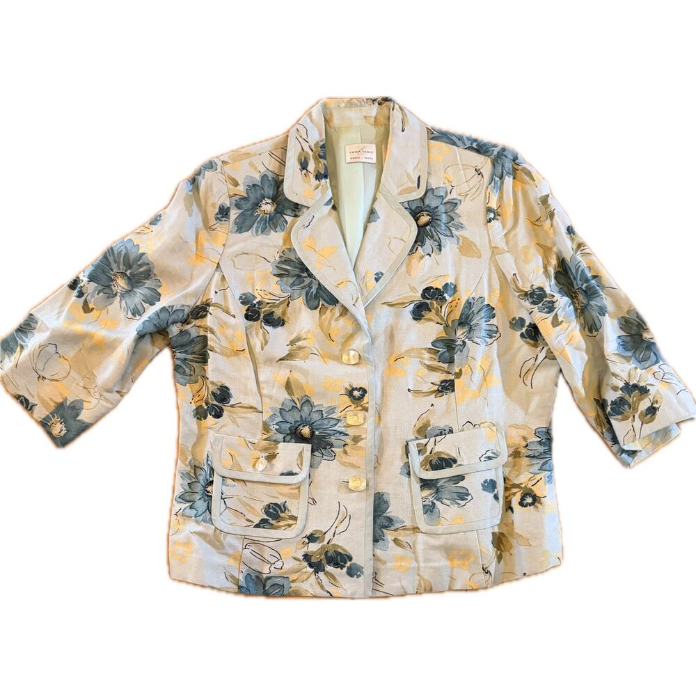 Emma‎ James Blazer Jacket Womens Petite 14 Floral Beige 3/4 Sleeve Lined